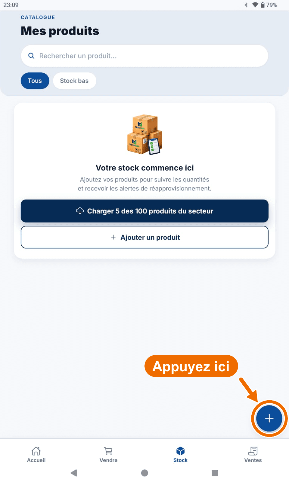 Stock (« Mes produits ») — Ouvrir l'ajout d'un produit
