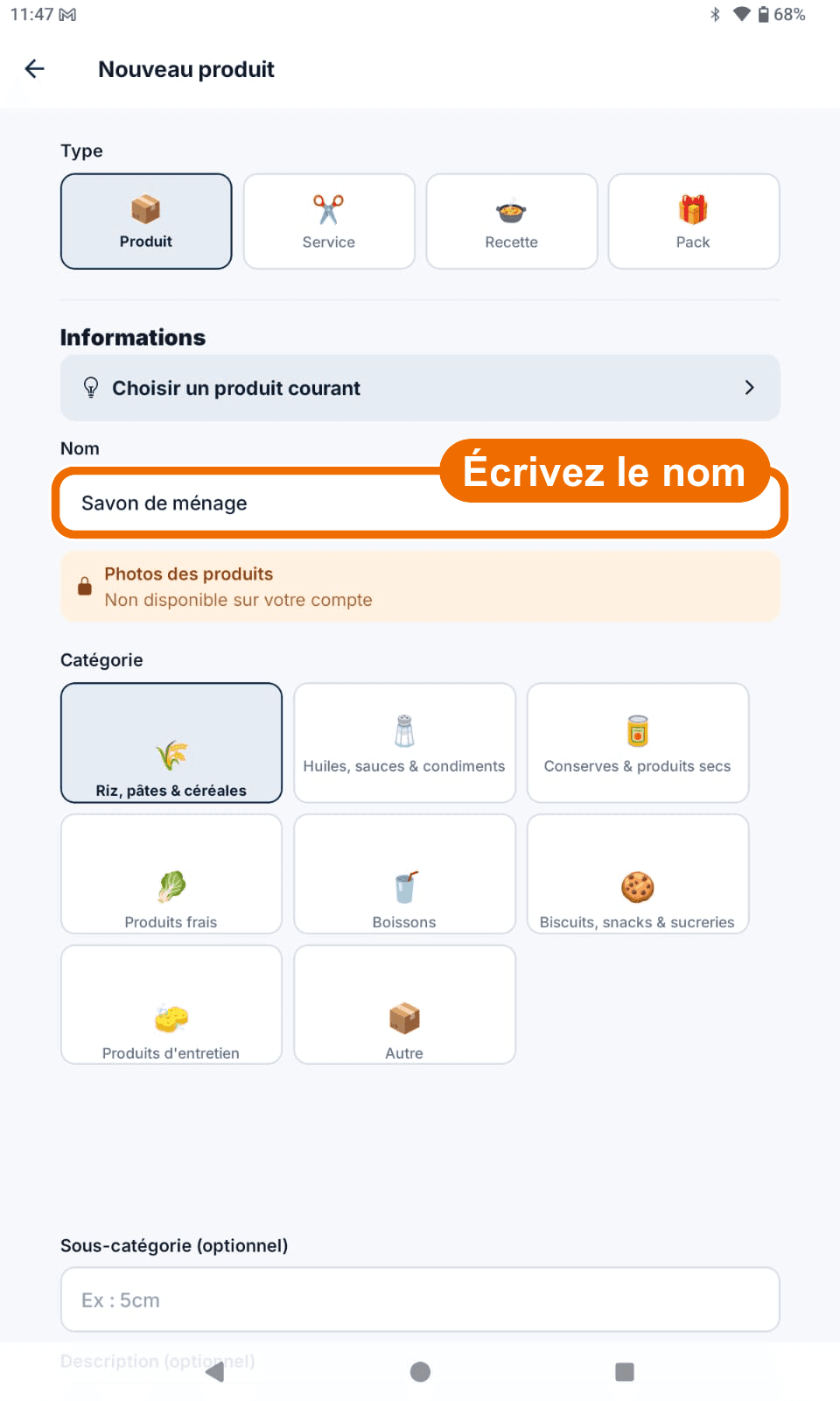 « Nouveau produit » — haut du formulaire, nom écrit — Écrire le nom du produit