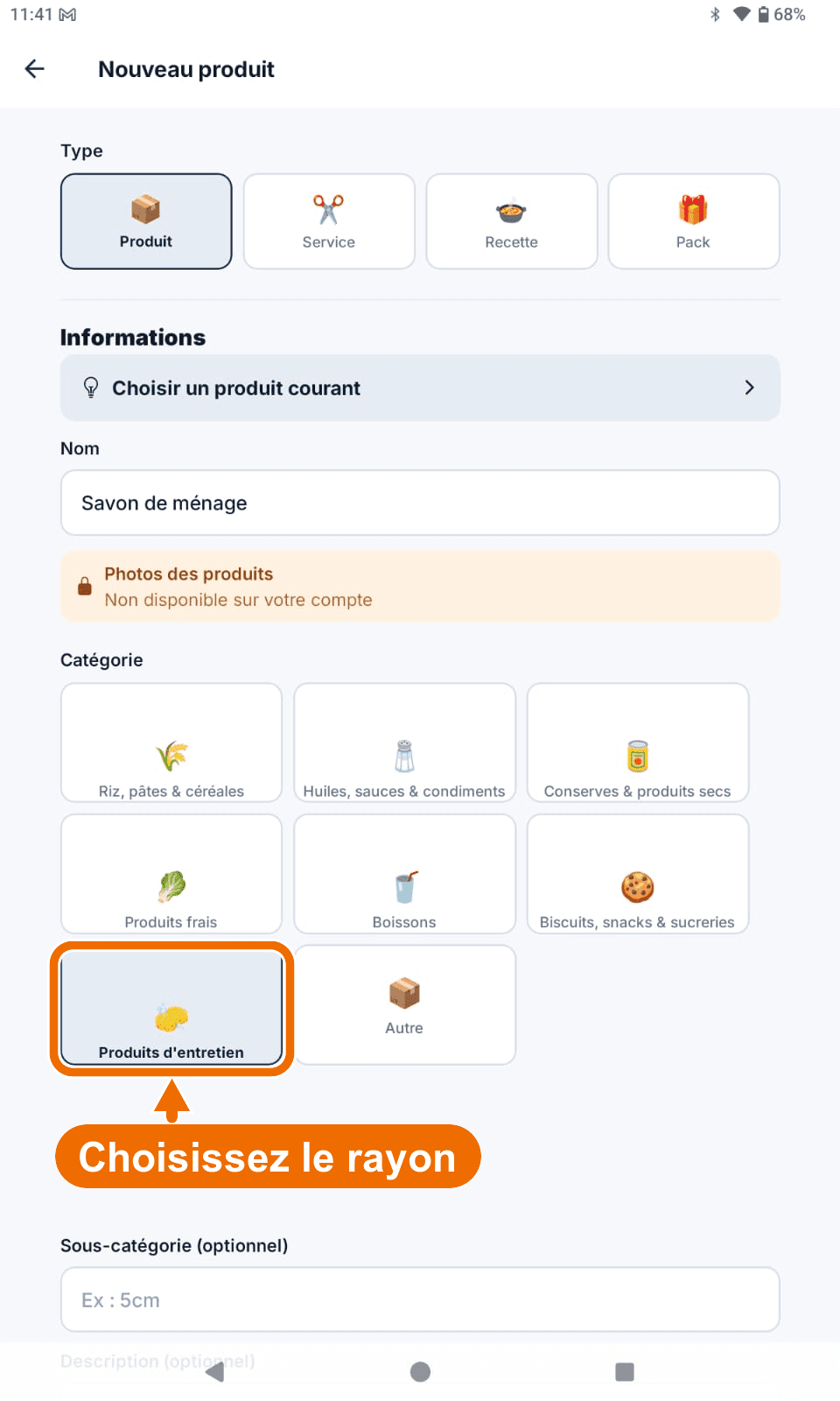 « Nouveau produit » — « Catégorie » — Choisir la catégorie