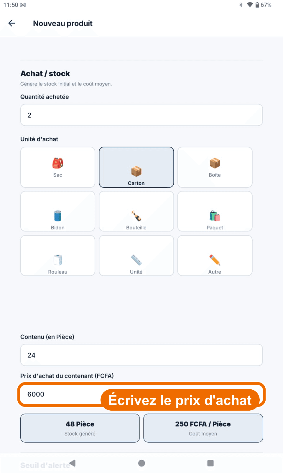 « Nouveau produit » — « Achat / stock », contenu, prix d'achat et calcul — Écrire le contenu et le prix d'achat