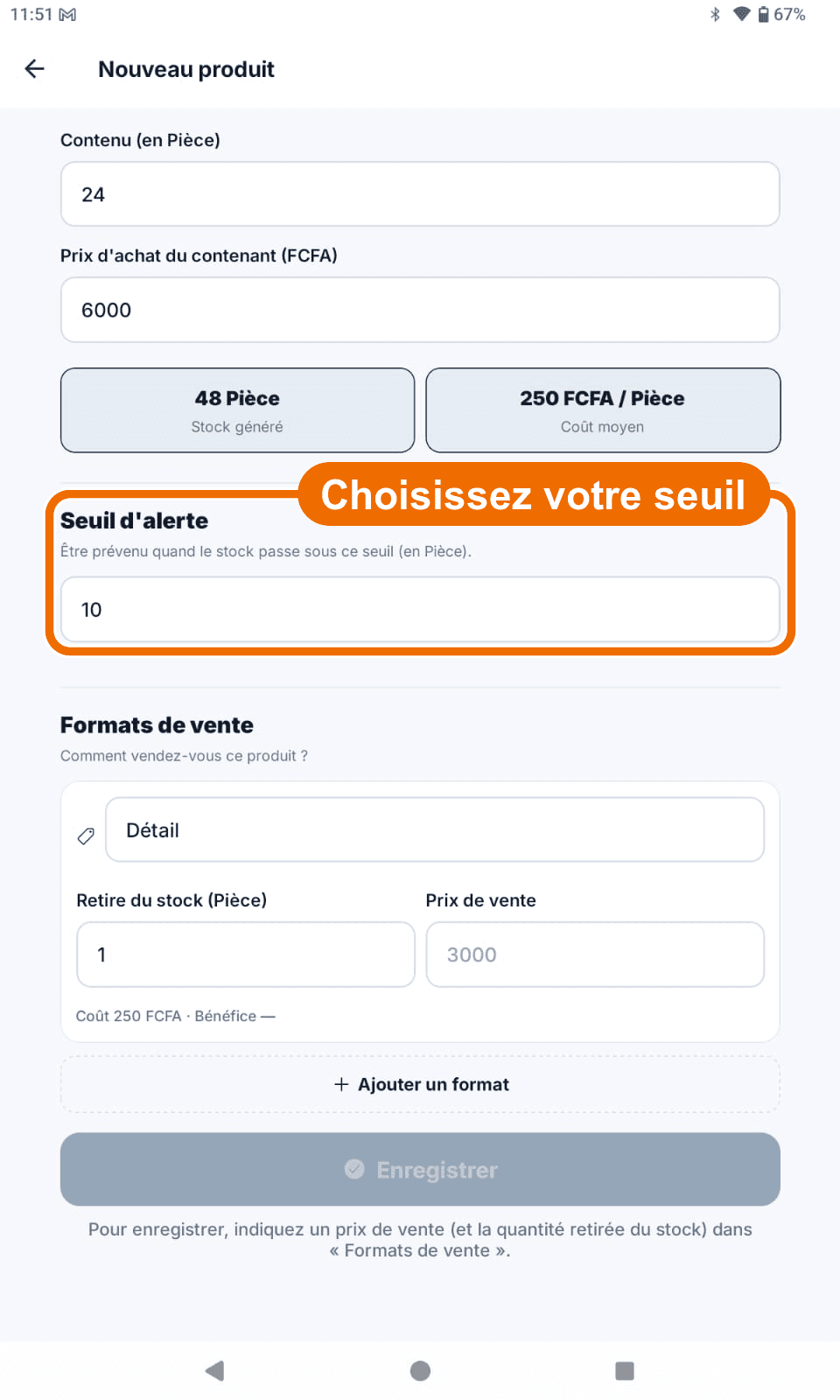 « Nouveau produit » — « Seuil d'alerte » — Garder ou changer le seuil