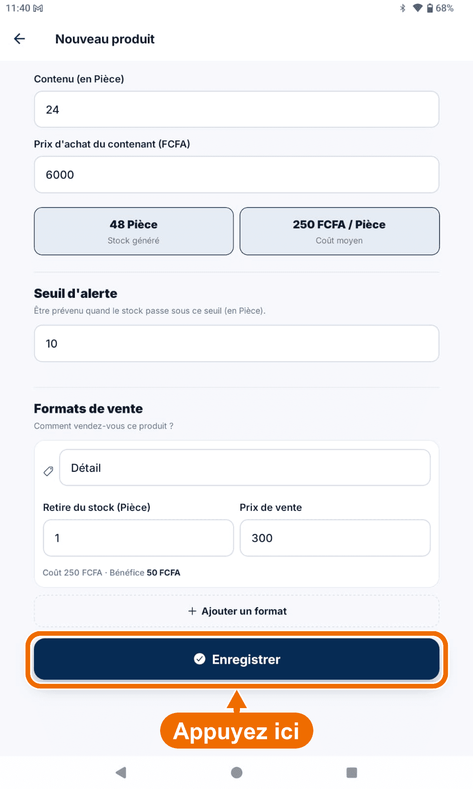 « Nouveau produit » — bouton « Enregistrer » actif — Enregistrer le produit