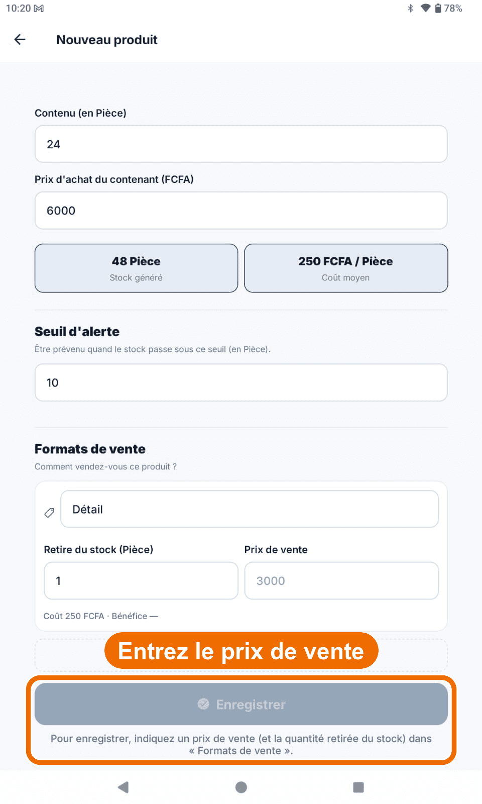 « Nouveau produit » — « Enregistrer » pâle, prix de vente vide — Comprendre ce qui manque