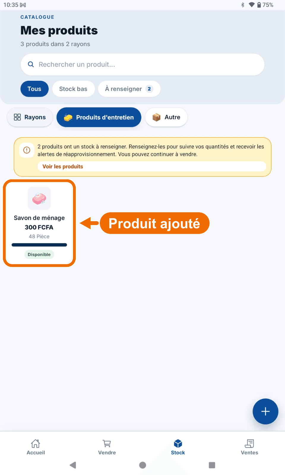 Stock — rayon « Produits d'entretien » ouvert — Voir le produit créé et son stock