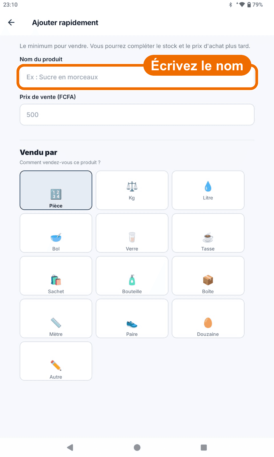 « Ajouter rapidement » — vide — Écrire le nom du produit