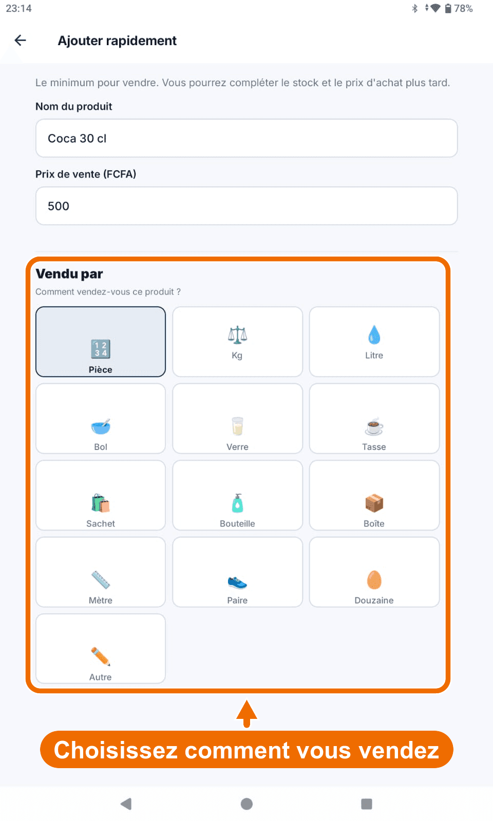 « Ajouter rapidement » — section « Vendu par » — Choisir comment le produit est vendu