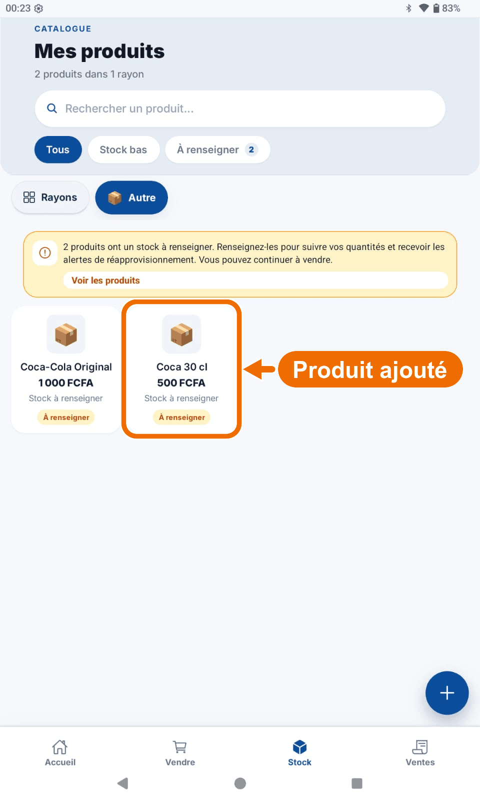 Stock — après l'ajout, rayon « Autre » ouvert — Voir le produit créé