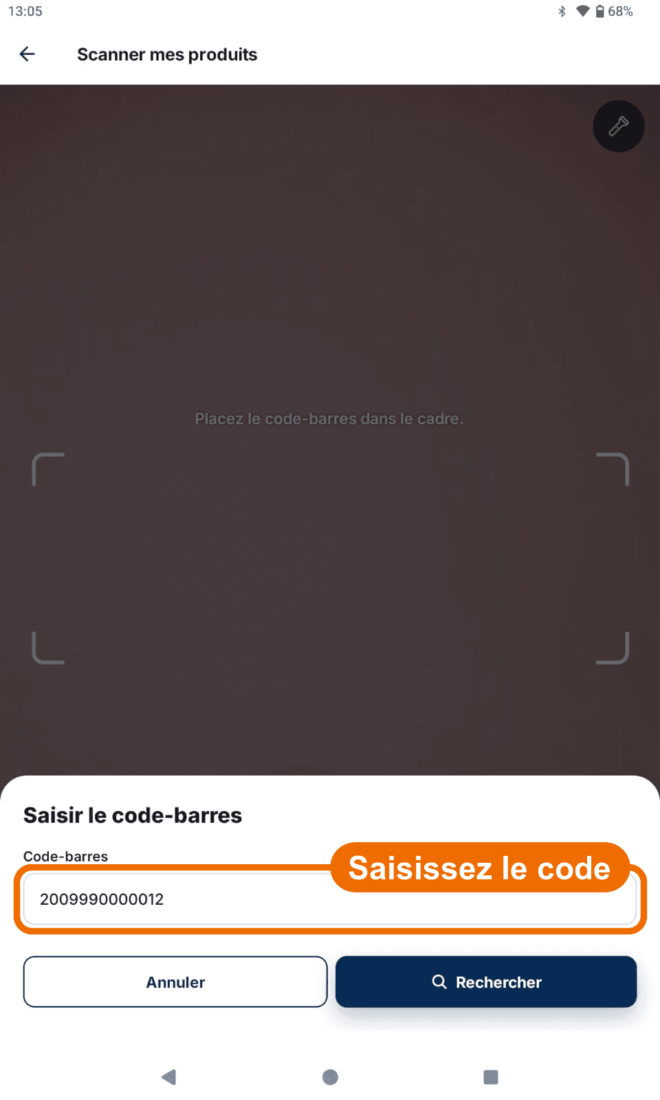 Feuille « Saisir le code-barres » — code écrit — Écrire le code puis rechercher