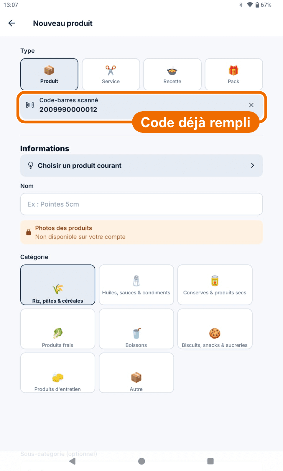Formulaire « Nouveau produit » — « Code-barres scanné » — Voir le code-barres déjà rempli